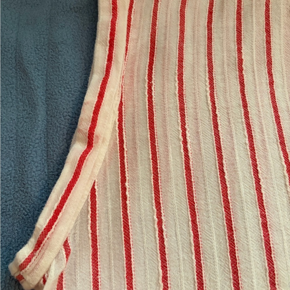 Striped Cuffed Sleeveless Blouse V-Neck Cream Red Systemaction Size XL - Picture 5 of 7